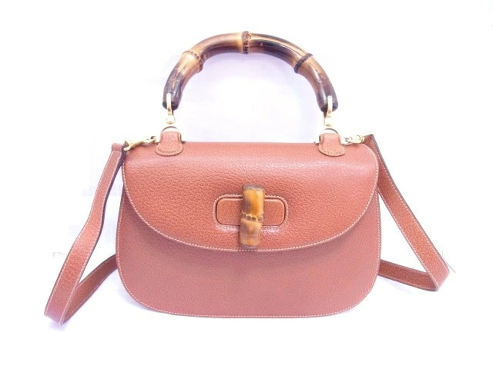 Gucci Shoulder Bag Handbag Bamboo Calfskin Embossed Brown